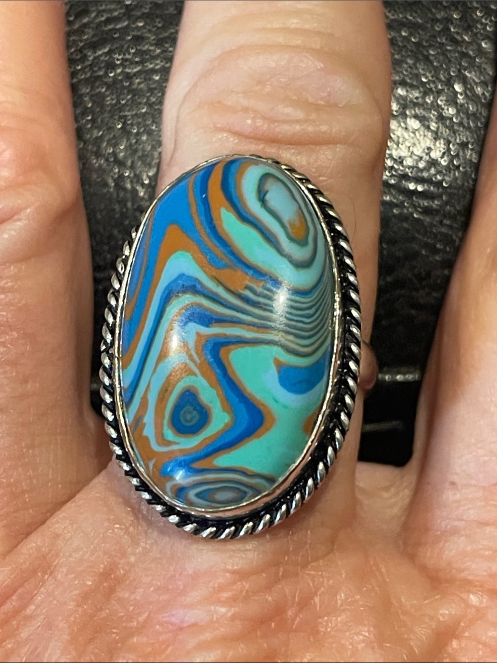 Vintage Rainbow Calsilica Blue, turquoise and orange ring